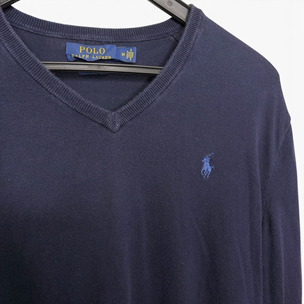 Polo Ralph Lauren Sweater Men's Medium Navy Blue Pima Cotton V-Neck Preppy - Picture 2 of 6